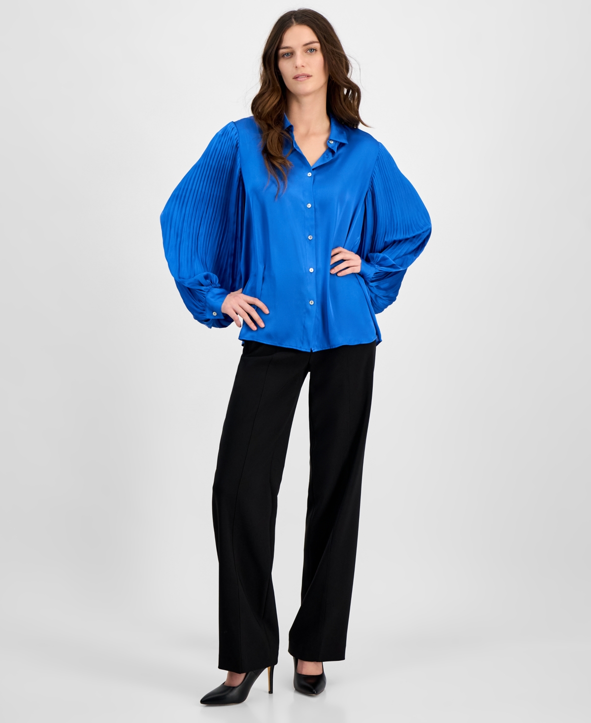 T Tahari Women's Satin Collared Balloon-Sleeve Blouse