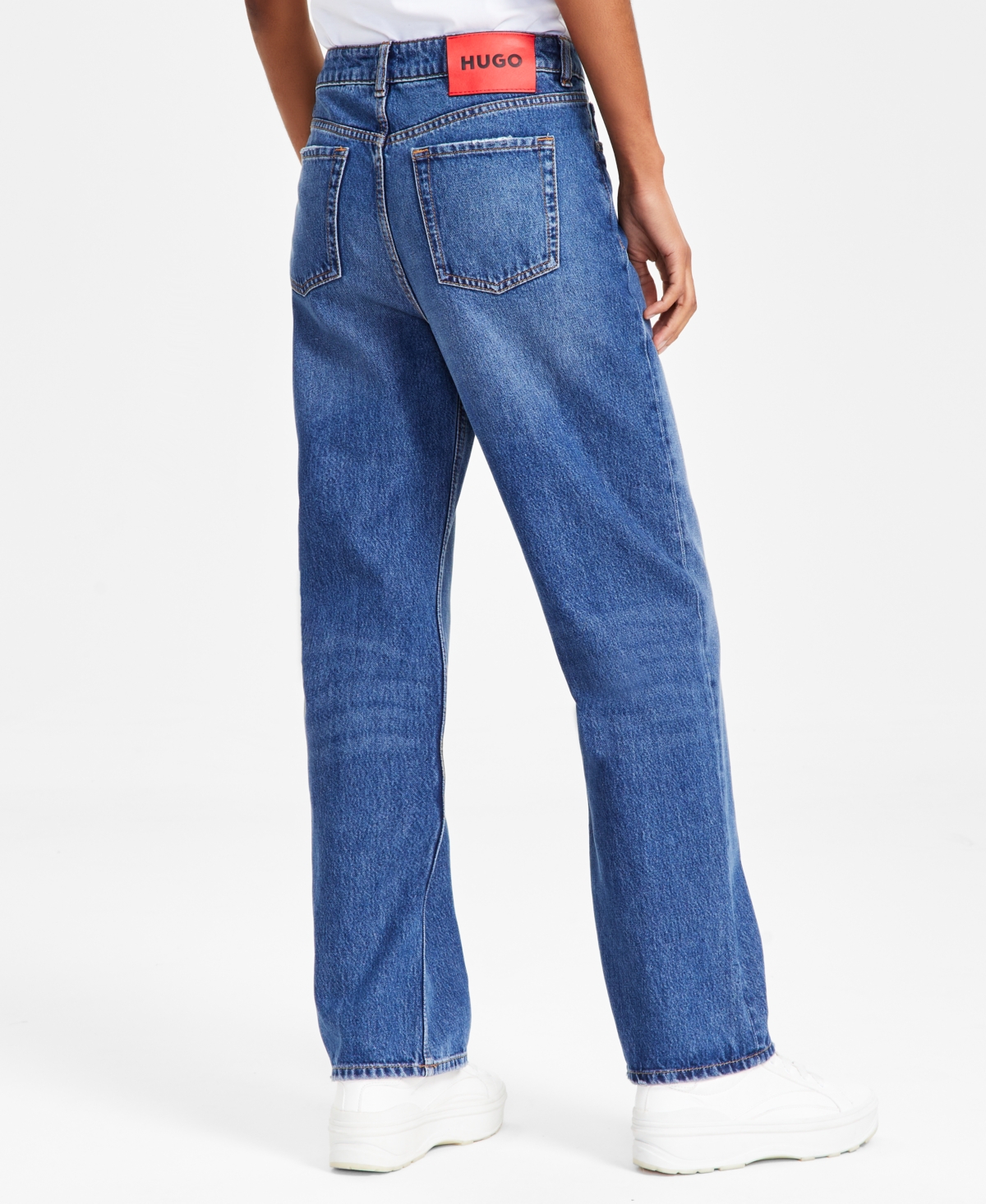 HUGO BOSS WOMEN'S HIGH-RISE FADED-FRONT STRAIGHT-LEG COTTON DENIM JEANS 