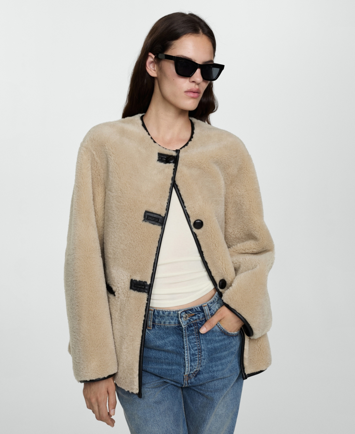 Mango Contrast Faux Leather Trim Faux Fur Toggle Coat In Ecru