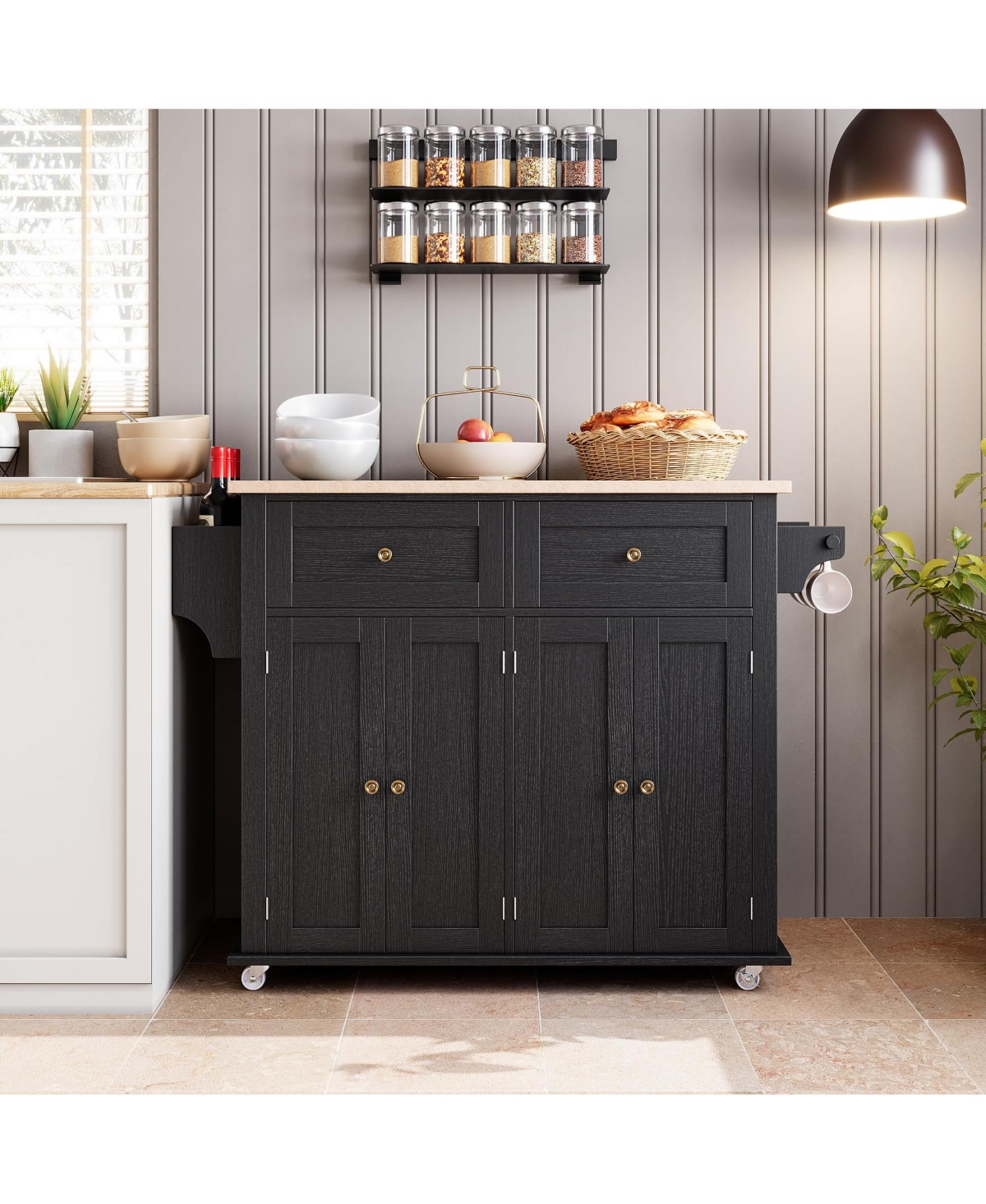 gaomon Kitchen Island Cart with Solid Wood Top, Portable Rolling Islands Table on Wheels with Drawer and Storage Cabinet