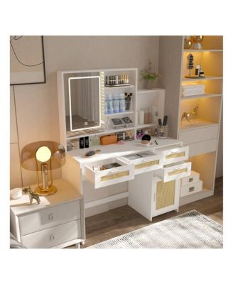 Makeup Vanity With Lights In 3 Colors And Openable Mirror, Vanity Desk With 4 Drawers, 1 Cabinets And Shelves