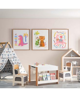 Kids Art Play Activity Table with Storage Shelf and Chair Set with Storage Baskets, White & Gray