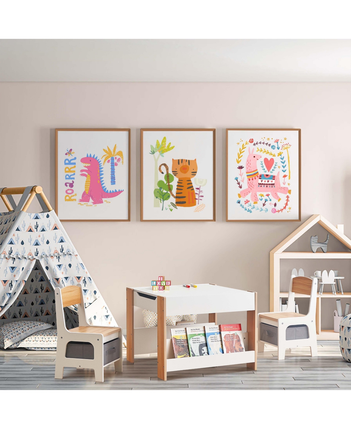 LuxenHome Kids Art Play Activity Table with Storage Shelf and Chair Set with Storage Baskets, White & Gray