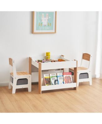 Kids Art Play Activity Table with Storage Shelf and Chair Set with Storage Baskets, White & Gray