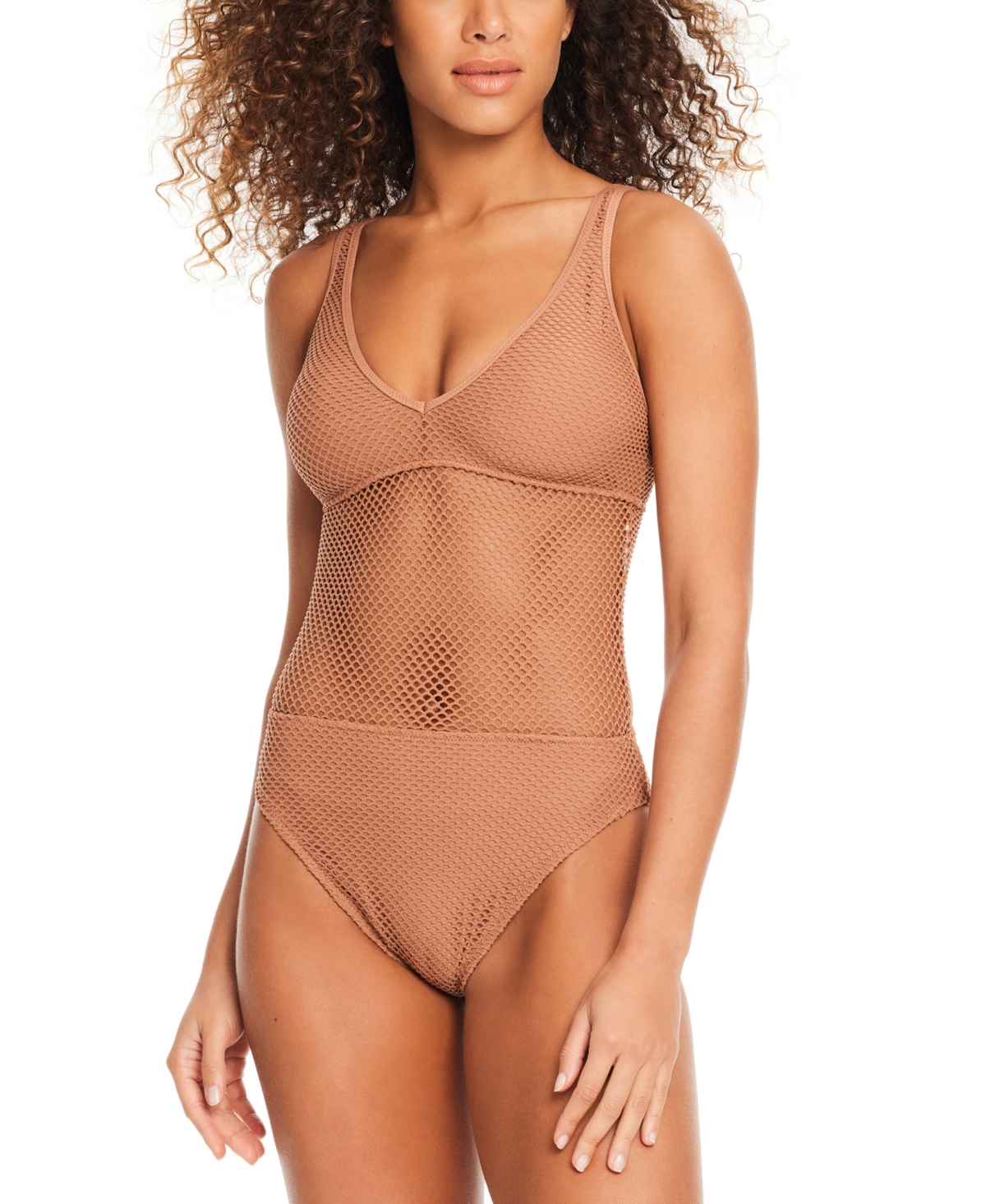 Sanctuary Women's Sea Crochet V-neck High-leg Tank One-piece Swimsuit In Bronze Babe