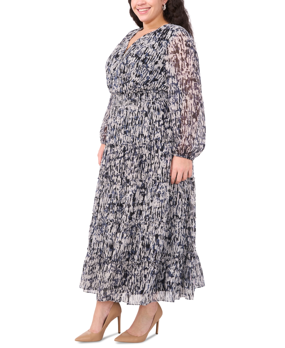 Msk Plus Size Printed Smocked-Waist Balloon-Sleeve Maxi Dress