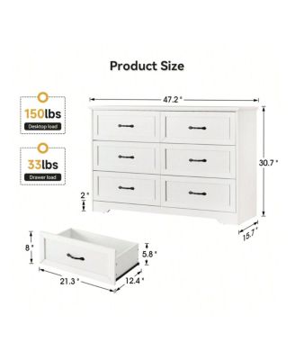 Dresser For Bedroom With 6 Drawers, Wood Drawer Dresser Chest Of Drawers For Closet, Living Room, Hallway, Nursery, Kids Bedroom(White)