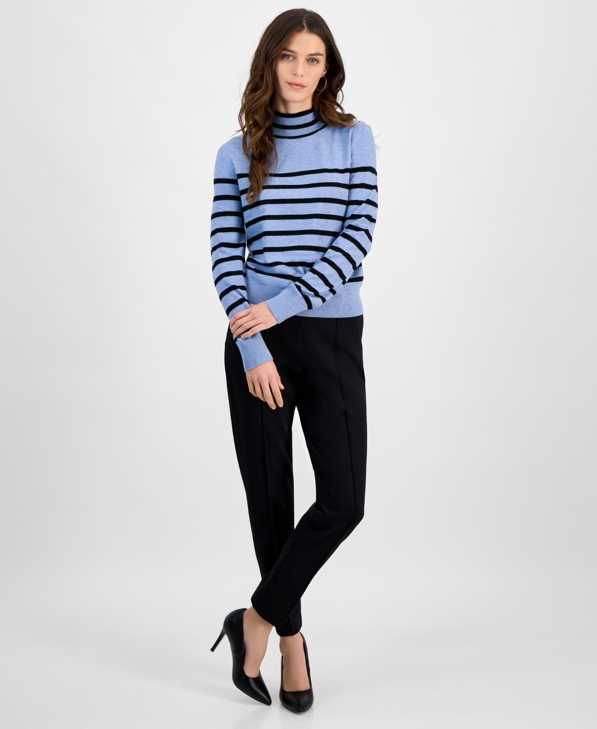 T Tahari Women's Striped Mock-neck Long-sleeve Sweater In Fountain Heather Blue