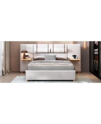 Queen Size Upholstered Platform Bed with Dual Outlets and USB Charging Ports on Each Side