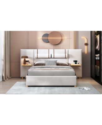 Queen Size Upholstered Platform Bed with Dual Outlets and USB Charging Ports on Each Side