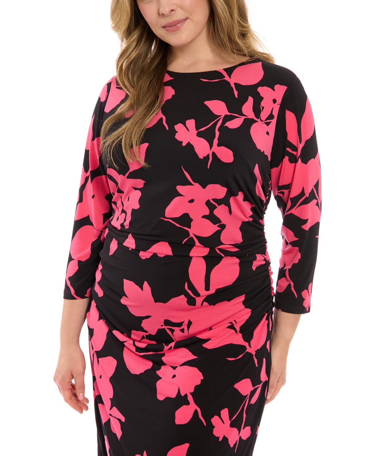 LONDON TIMES PLUS SIZE PRINTED SIDE-RUCHED MIDI DRESS