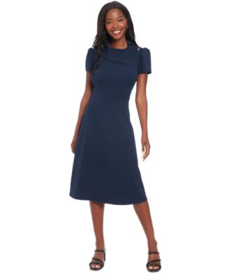 London Times - Petite Foldover-Neck Fit & Flare Dress