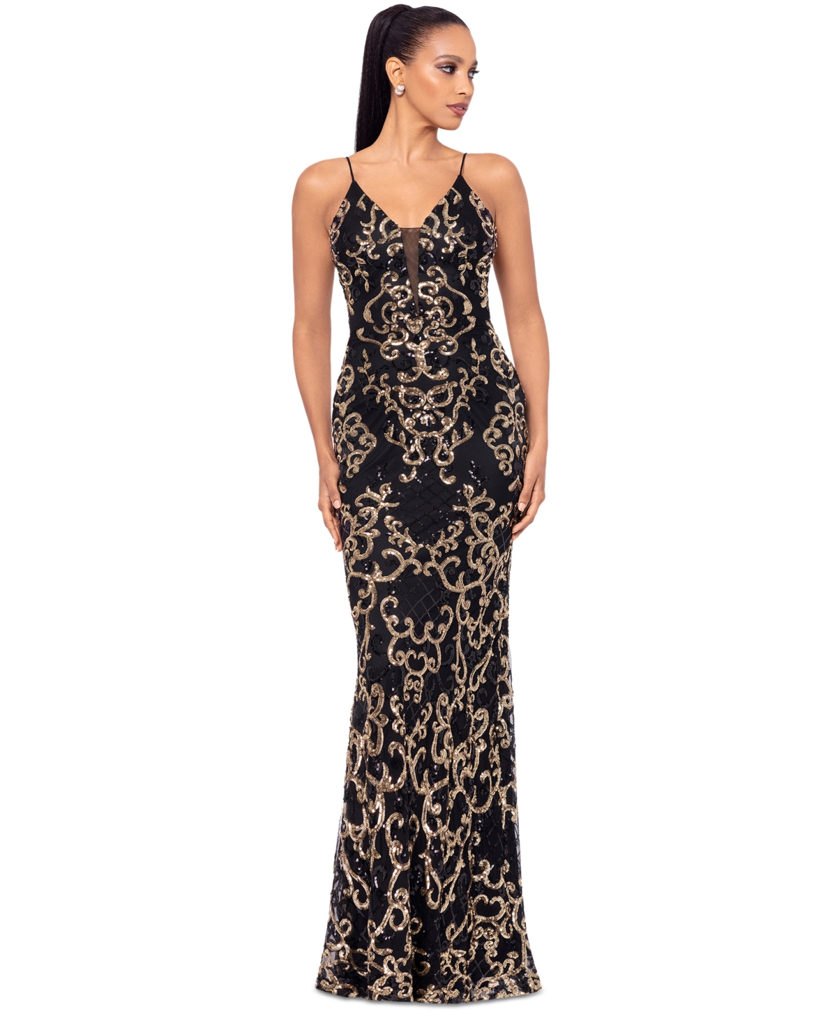 Betsy & Adam Women's Sequin Embellished Sleeveless Gown In Black,gold