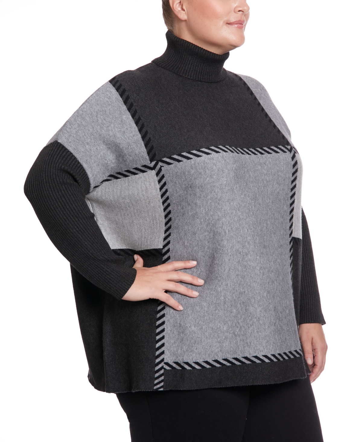 Joesph A Plus Size Stitched Colorblock Turtleneck Poncho Sweater