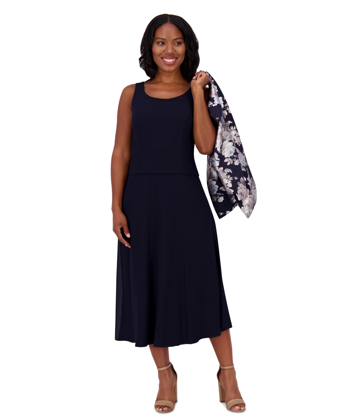 Jessica Howard Women's 2.pc Floral-print 3/4-sleeve Jacket & Sleeveless Midi Dress In Navy