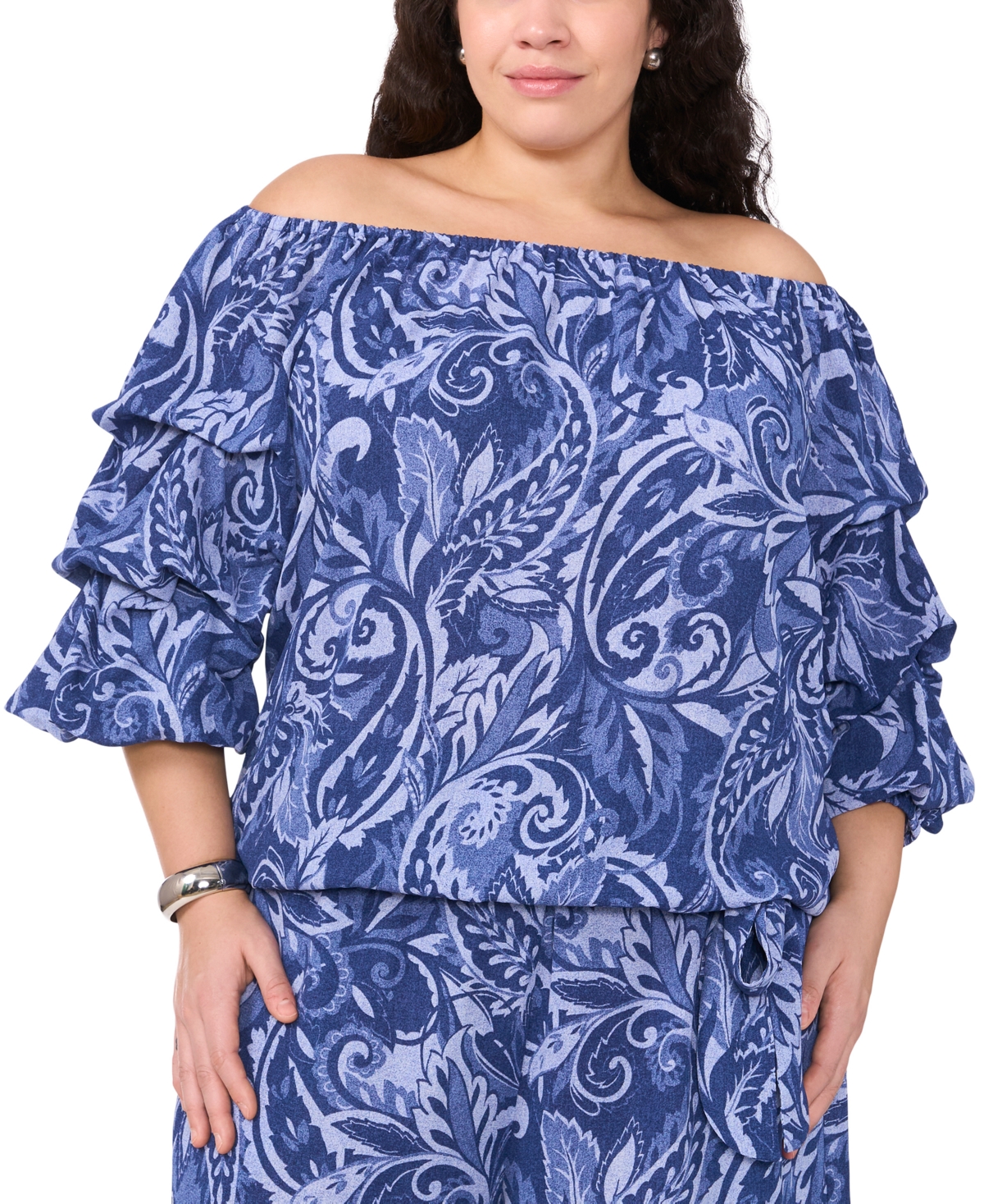 VINCE CAMUTO PLUS SIZE PAISLEY-PRINT OFF-THE-SHOULDER BUBBLE 3/4-SLEEVE TIE-FRONT BLOUSE 