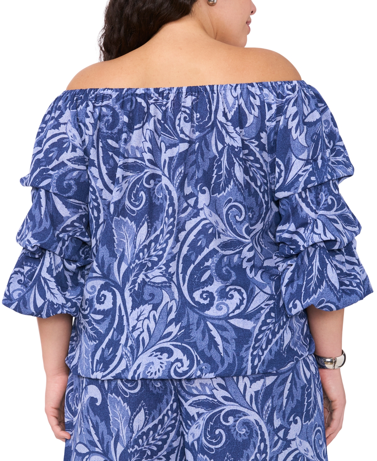 VINCE CAMUTO PLUS SIZE PAISLEY-PRINT OFF-THE-SHOULDER BUBBLE 3/4-SLEEVE TIE-FRONT BLOUSE 