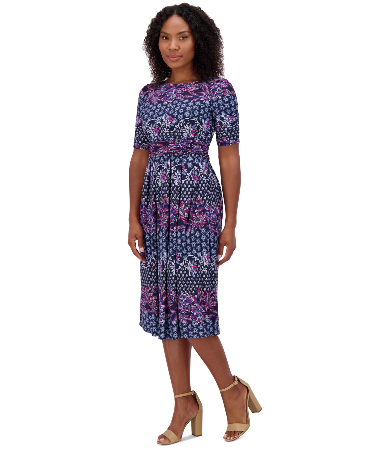 Jessica Howard Plus Size Elbow-Sleeve Gathered-Waist Dress