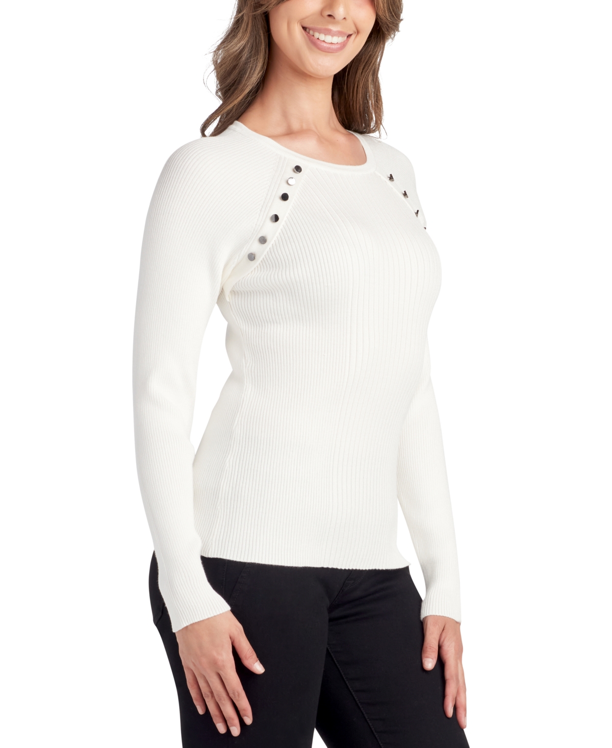 BCX JUNIORS' BUTTON-TRIM CREWNECK SWEATER 