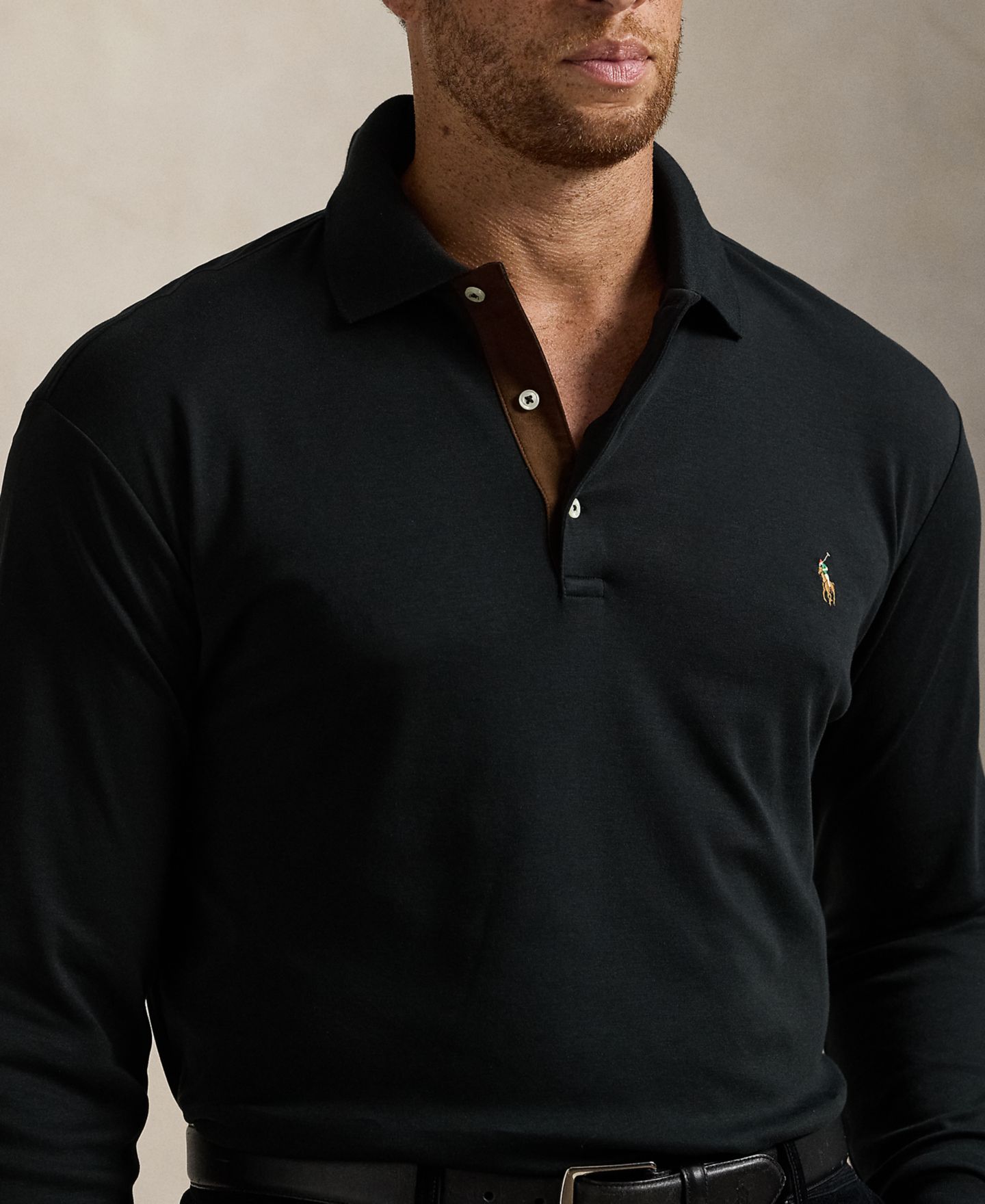 Мужское поло Polo Ralph Lauren Big & Tall Soft Cotton Long-Sleeve Polo Shirt, цвет: Чёрный — фото 3