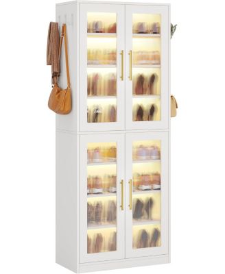 8-Tier Engineered Wood Shoe Organizer Cabinet with Acrylic Doors, LED Lights, Adjustable Shelves & Hooks