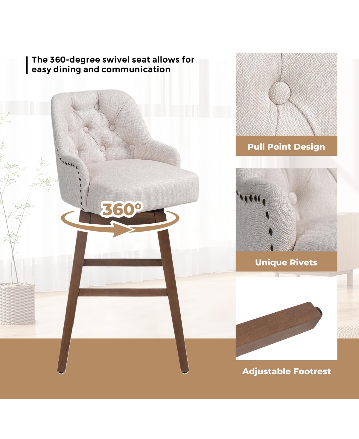 The Pop Home Set of 2 Modern 360° Swivel Bar Stools,Solid Wood & Linen Bar Chairs for Kitchen Island-The Pop Home
