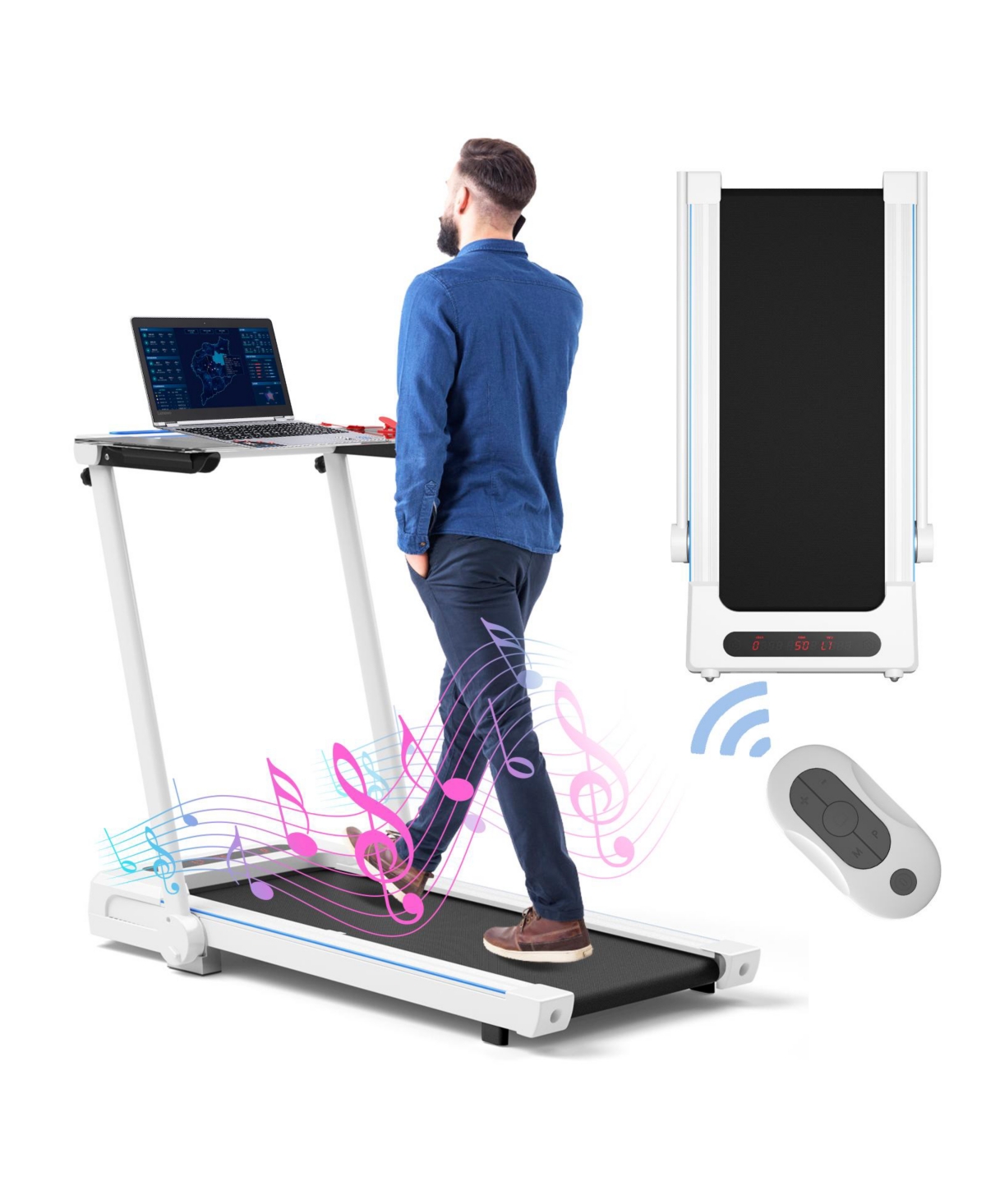 3-in-1 Foldable Treadmill &#x2013; Removable Desk & Remote - White