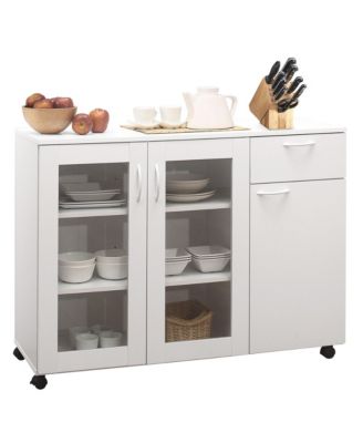 Buffet Server Sideboard Kitchen Storage Cabinet with Adjustable Shelves & Drawer, White Wood & Glass