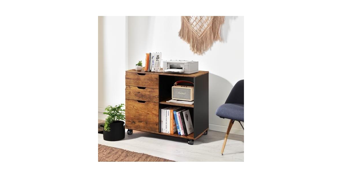 Devaise 3-Drawer Wood File Cabinet, Mobile Lateral Filing Cabinet, Printer Stand with Open Storage Shelves for Home Office, Rustic- Brown