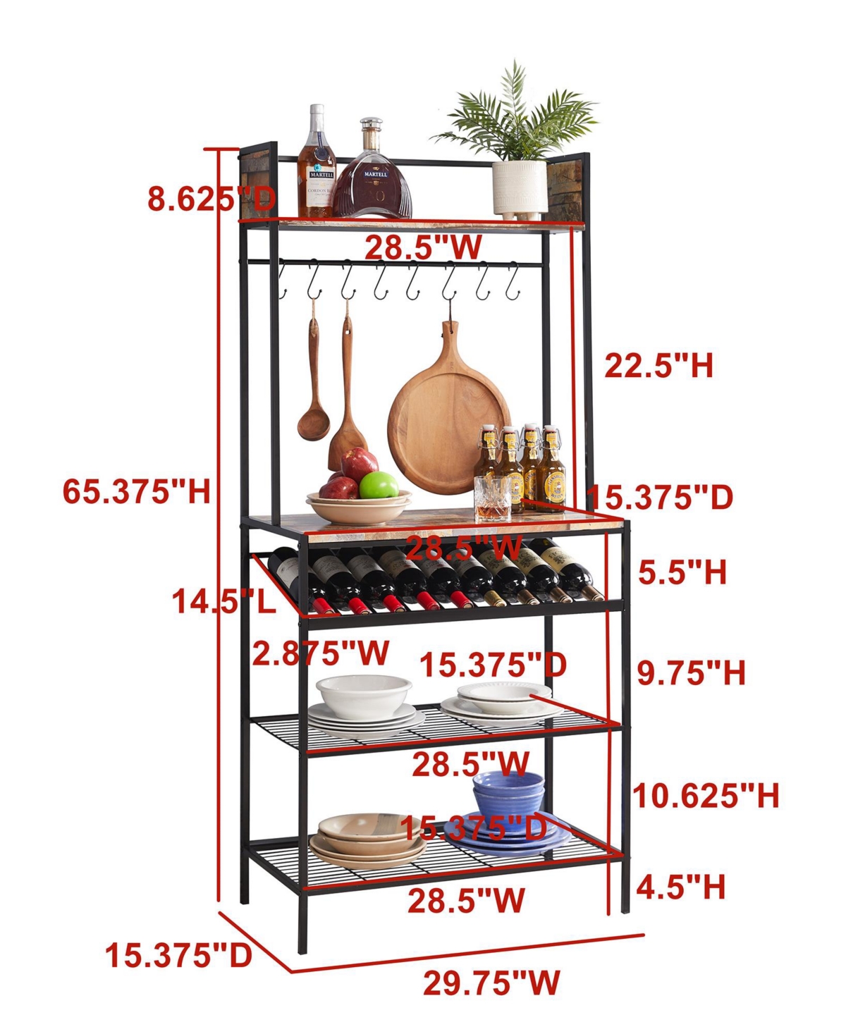 Kings Brand Furniture Red Tile Bakers Rack with 9 Wine Bottle Capacity & 8 Hooks - Kitchen Storage Organizer