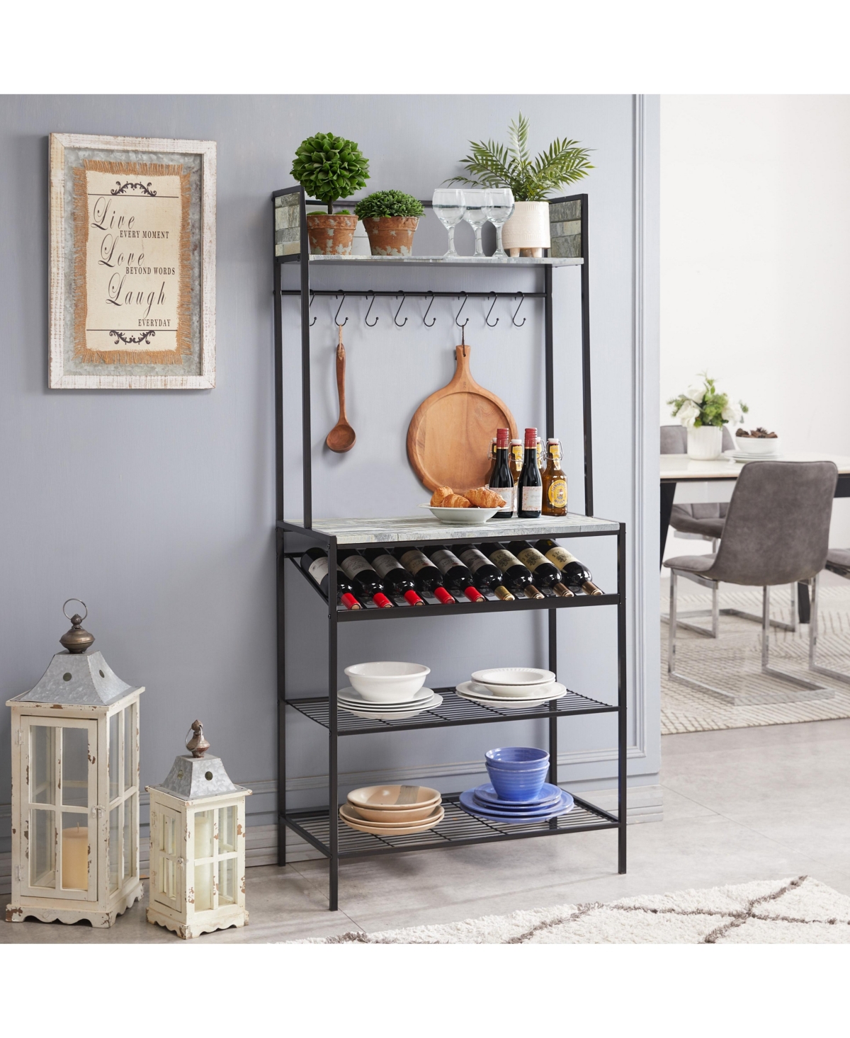 Kings Brand Furniture - Baker s Rack for Kitchen with Storage Shelves & Hooks, Microwave Stand Coffee Bar Station Wine Holder