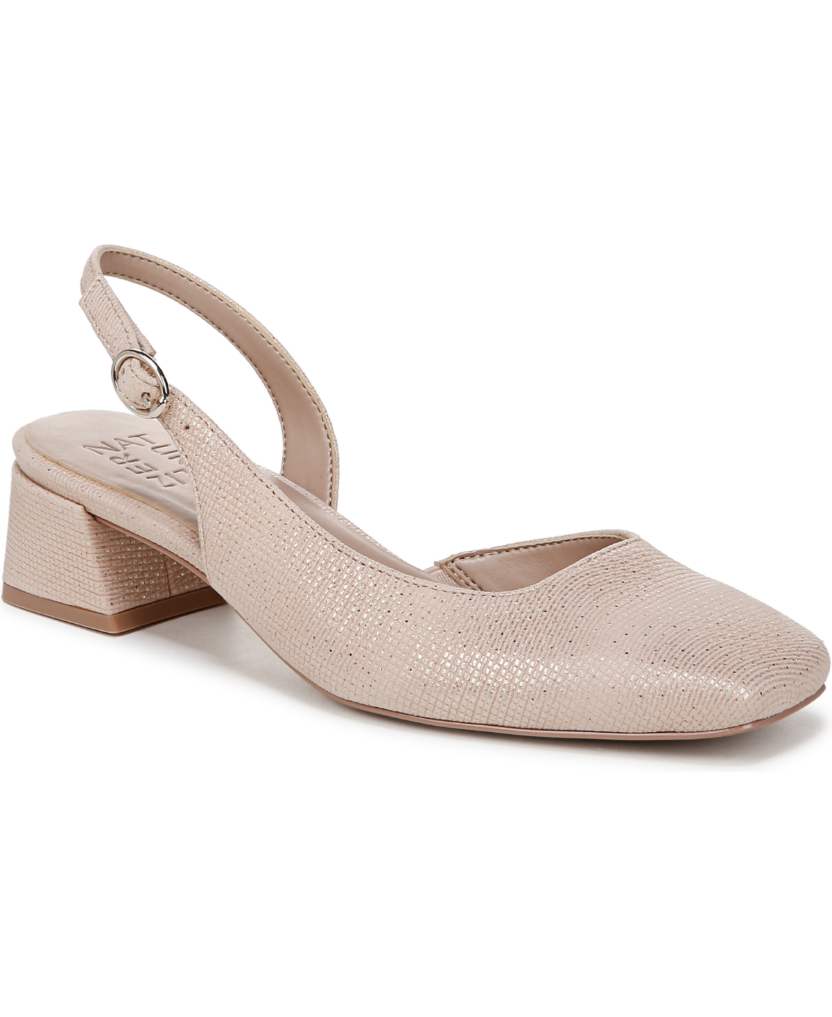 Jayla Mid-Heel Square Toe Slingback Pumps - Sand Metallic Embossed Leather