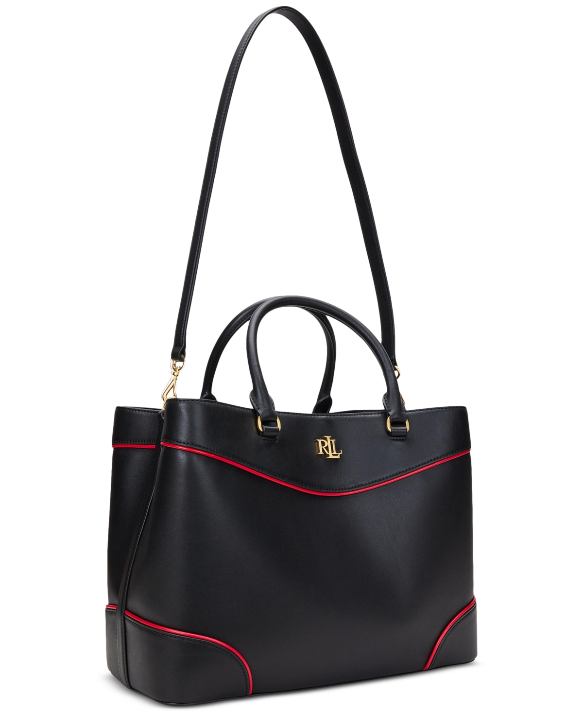 Ralph Lauren Two-tone Leather Large Marcy Satchel In Black,festive Red
