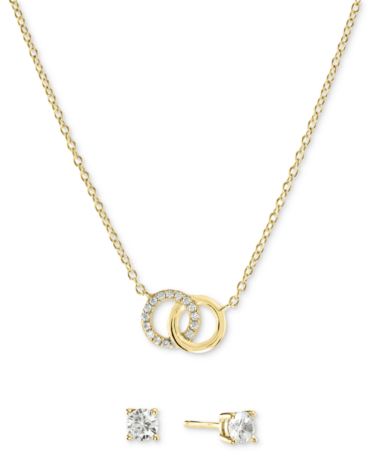 Macy's 2-pc. Set Cubic Zirconia Interlocking Rings Pendant Necklace & Solitaire Stud Earrings In Sterling S In Gold