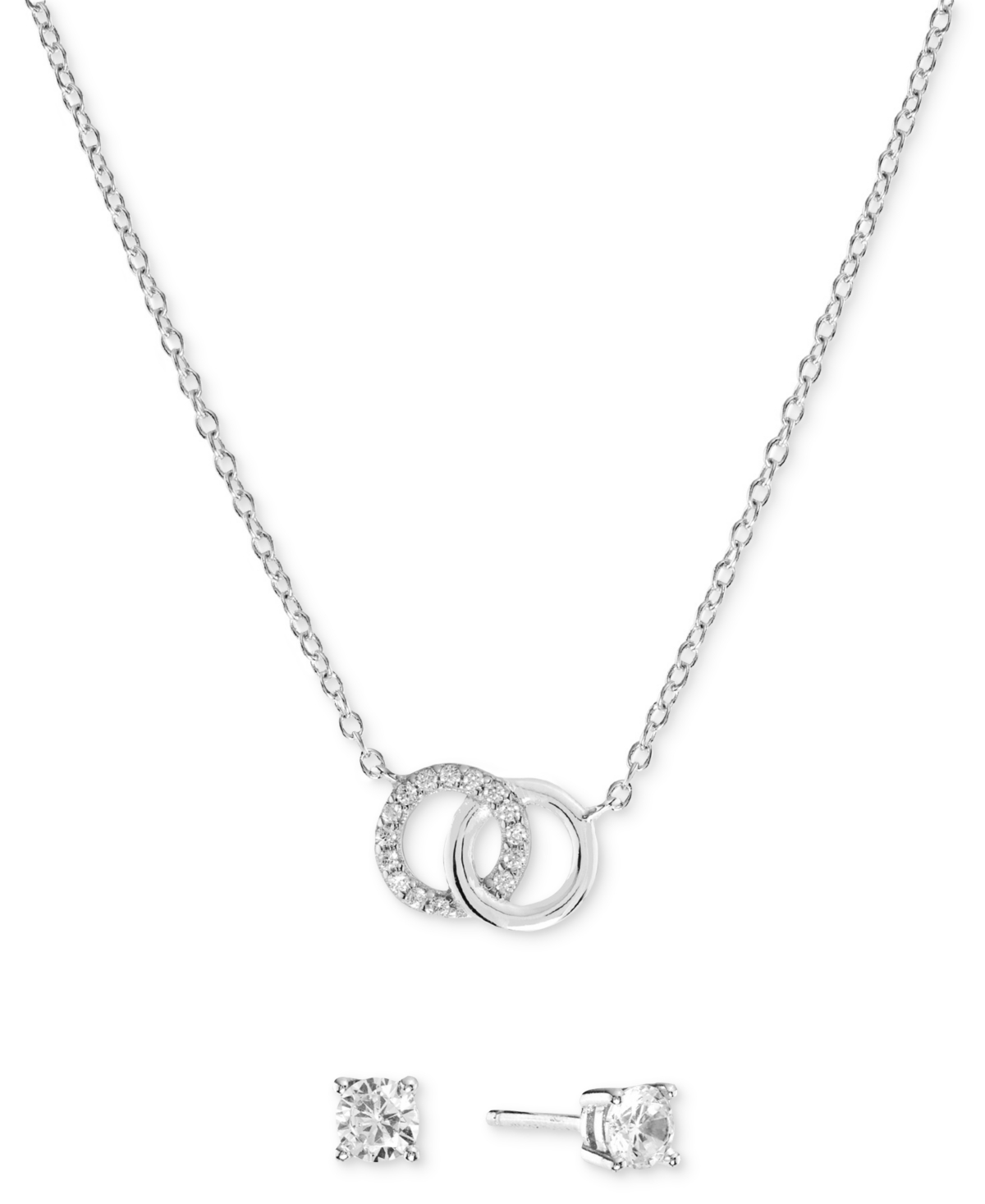Macy's 2-pc. Set Cubic Zirconia Interlocking Rings Pendant Necklace & Solitaire Stud Earrings In Sterling S In Silver