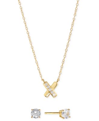 2-Pc Set Cubic Zirconia X Pendant Necklace & Solitaire Stud Earrings in Sterling Silver (Also available in 14k Gold over Sterling Silver