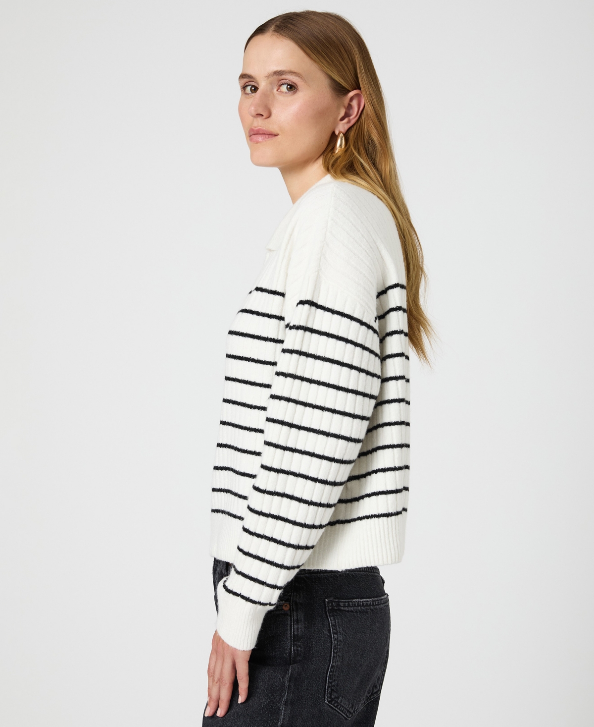 French Connection Women's Vhari Striped Collared Long Sleeve Sweater -Black