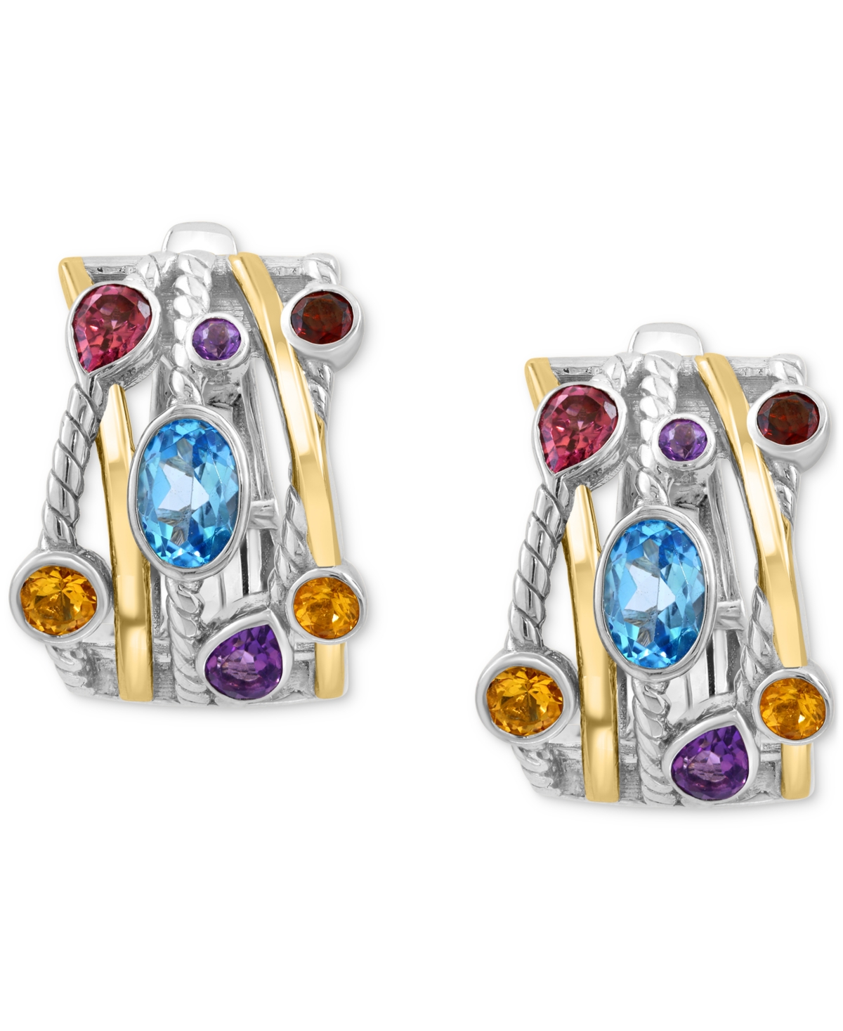 Effy Collection Effy Multi-gemstone Mixed Cut Small Huggie Hoop Earrings (2-1/2 Ct. T.w.) In Sterling Silver & 14k G In Multi Gemstone