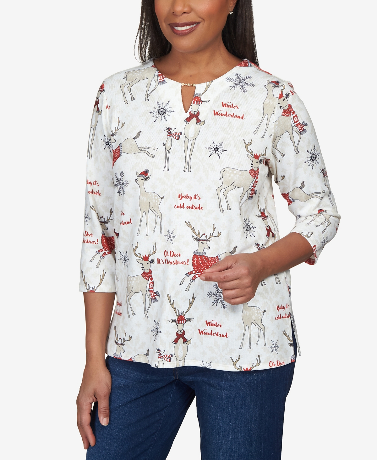 Alfred Dunner Women's Classics Oh Deer Split Neck Top In Neutral Multi