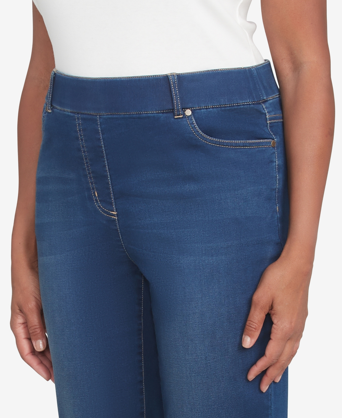 Alfred Dunner Petite Harvest Moon Super Stretch Elastic Faux Fly Denim Short Length Pants In Dark Indigo