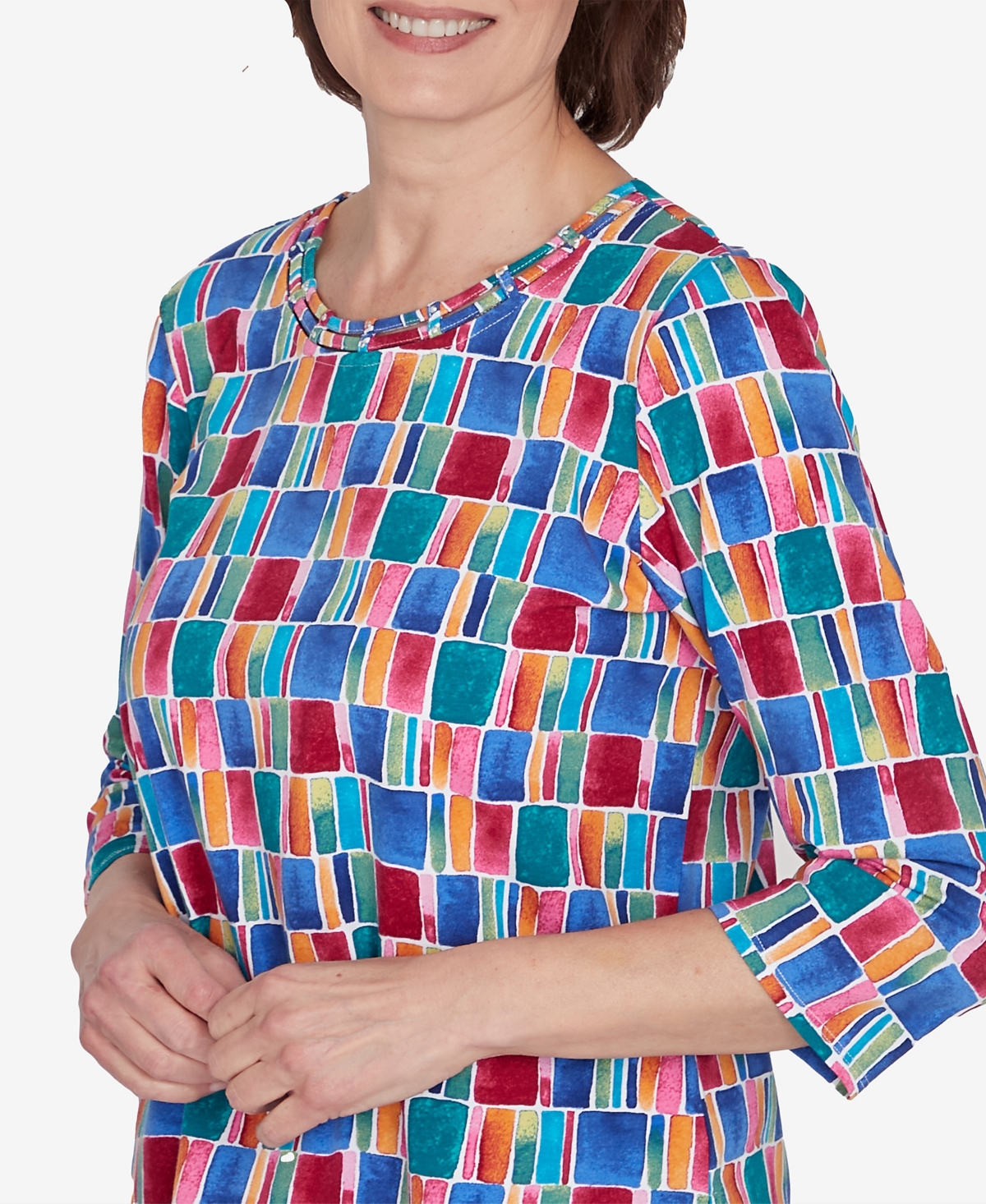 Alfred Dunner Petite Key Items Box Print Short Sleeve Top In Multi
