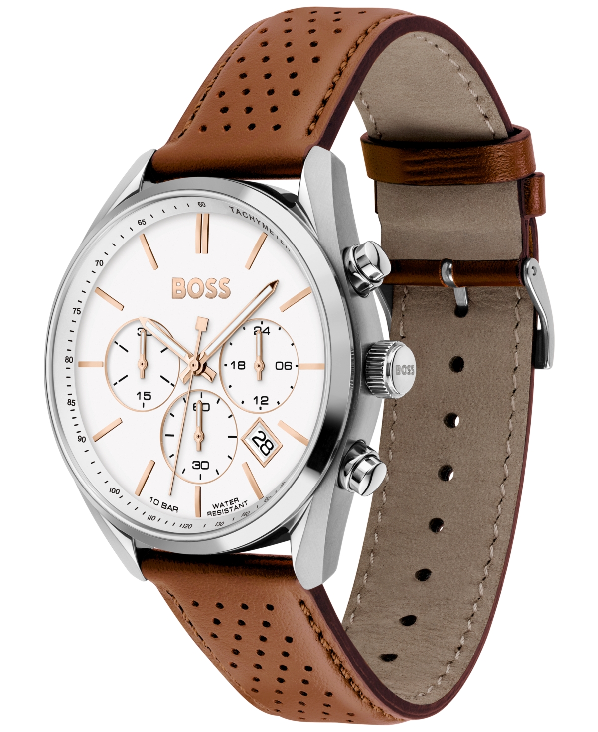 Hugo Boss White-dial Chronograph Watch With Perforated Leather Strap Men's Watches In Brown