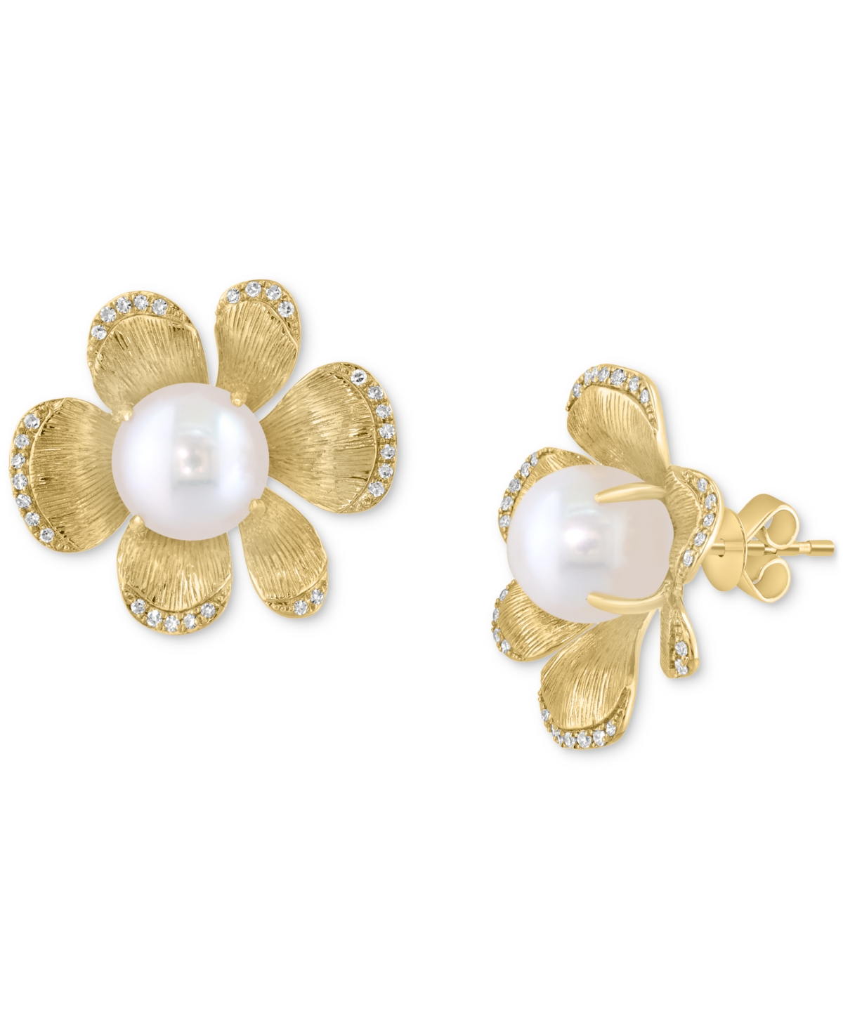 Effy Collection Cultured Freshwater Pearl (8.5mm) & Diamond Flower Earrings (1/5 Ct. T.w.) In 14k Yellow Gold In Gold