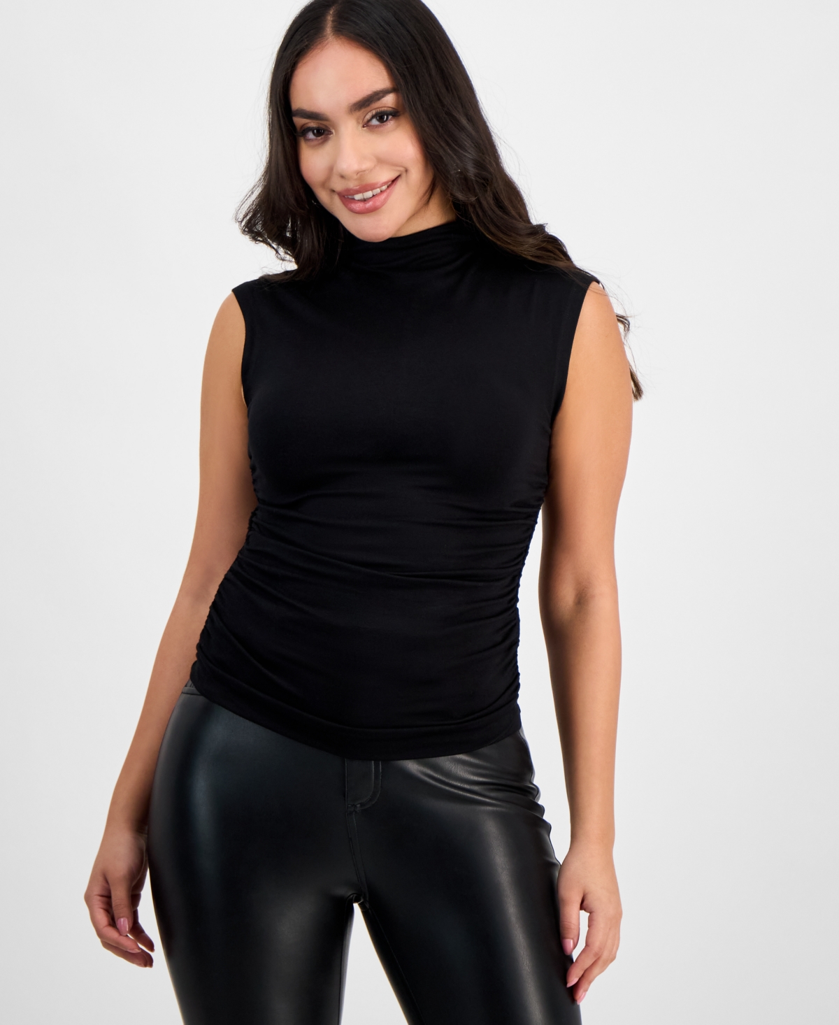 Inc International Concepts Petite High-neck Side-ruched Top, Exclusively At Macy's In Deep Black