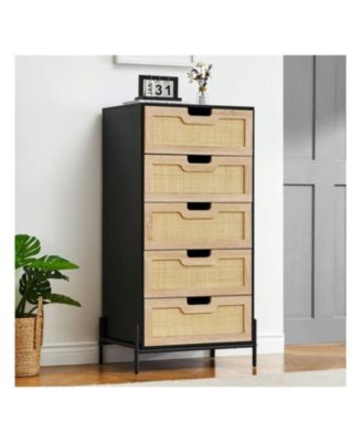 Modern Rattan 5 Drawers Dresser, Double Dresser For Bedroom, Chest Of Drawers Closet Organizers And Storage Clothes For Bedroom Living Room