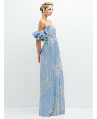 Womens Dramatic Ruffle Edge Convertible Strap Metallic Pleated Maxi Dress with Floral Gold Foil Print