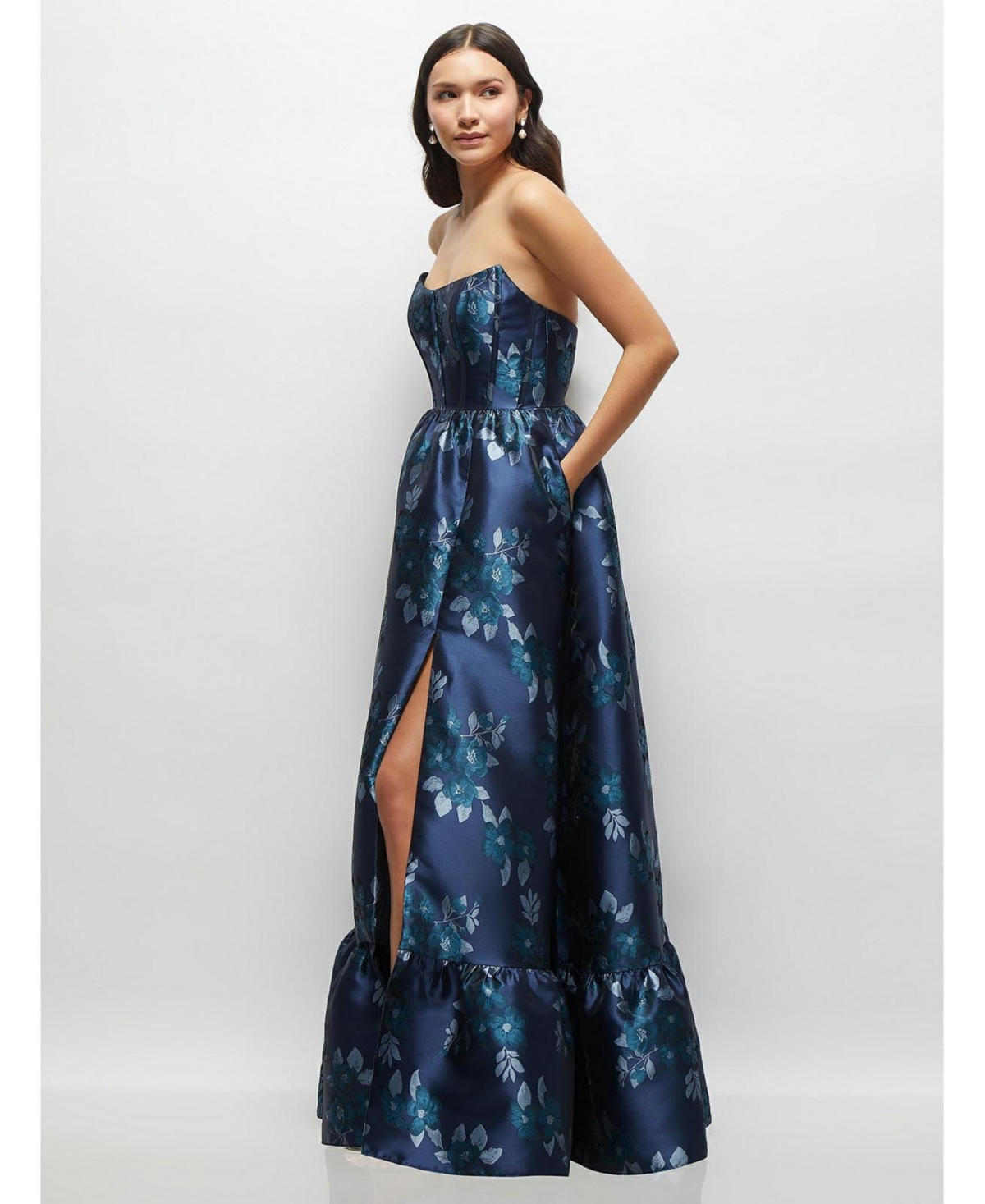 Dessy Collection Women's Navy Rose Damask Strapless Cat-Eye Bodice Maxi Dress with Ruffle Hem