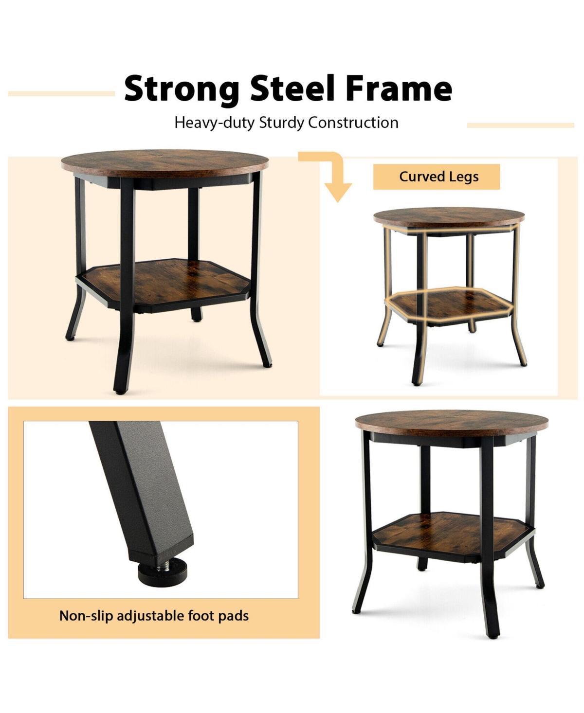 Gymax 2-Tier Sofa End Side Table Nightstand Round Tabletop for Living Room - Rustic brown + black