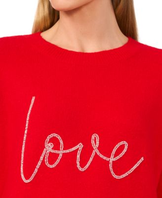 Women's Valentine's Crewneck Beaded Love Script Long-Sleeve Sweater