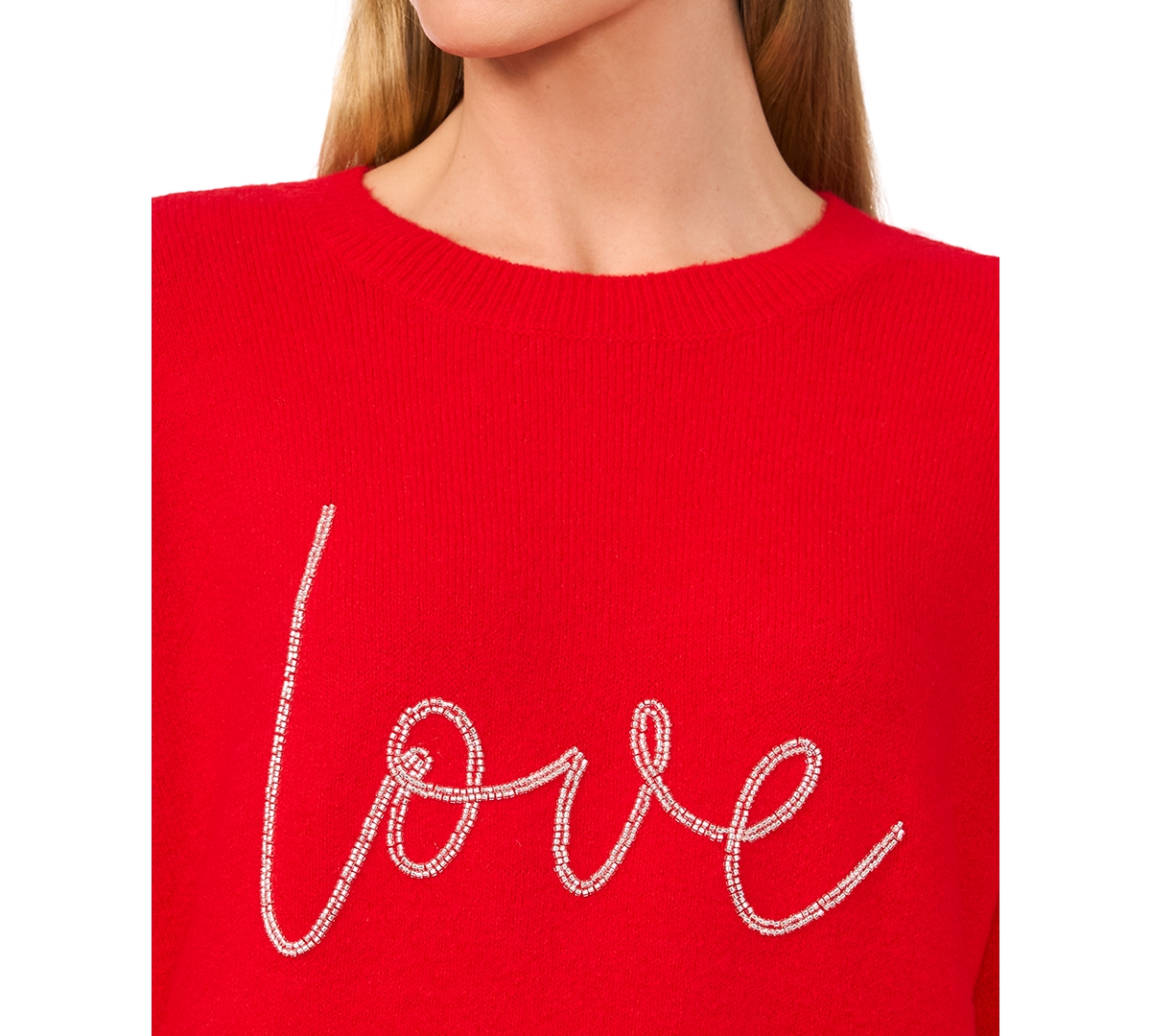 CeCe Women's Beaded Love Script Crewneck Long-Sleeve Sweater
